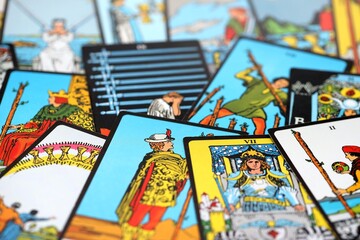 Obraz premium Fortune telling on tarot cards, used Marseille Tarot deck by unknown artist published first in 1709