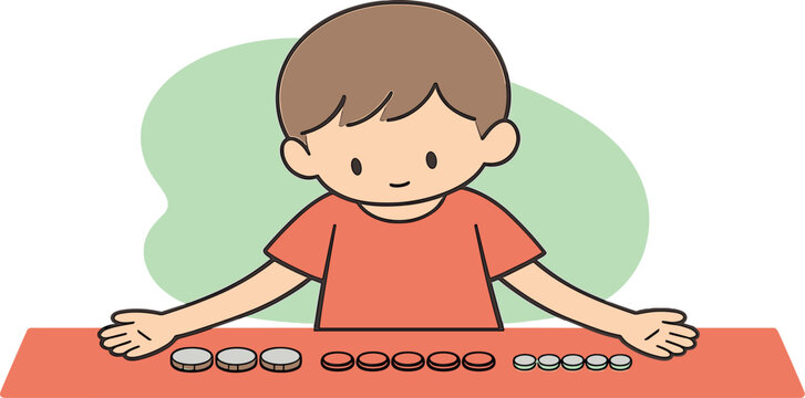 Gentle child learns to count coins at a table, palms open, coins slid into lines, pace slow and careful. | counting coins,