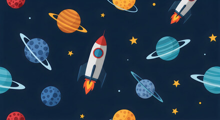 Fototapeta premium Colorful space-themed rockets and planets pattern on a dark background