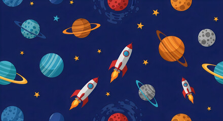 Fototapeta premium Colorful space-themed illustration featuring planets, rockets, and stars in a playful design.