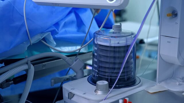 Anesthesia machine bellows moving during surgical procedure. Mechanical ventilation equipment with blue drapes in background showing breathing cycle during surgery in hospital.