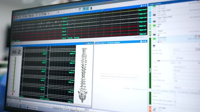 Close up of intraoperative neuromonitoring software interface. Digital display showing spinal column model and multiple channels of neurophysiological waveform data.