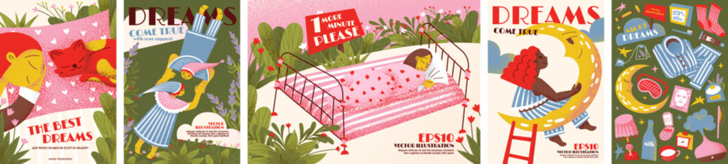 Naklejka premium Dreams. Sleep. Vector cozy folk illustrations of night, fantasy, sleeping girl with a dog, girl on the moon and in bed in the bedroom, angels, pajamas, and bedtime elements for a nursery poster,