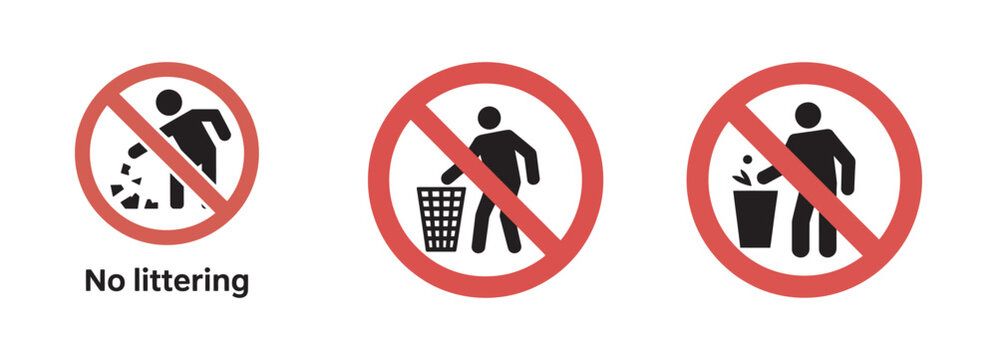 Set of three no littering signs showing person throwing trash on ground