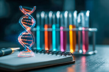 Glowing digital representation of a dna double helix model appearing above a notebook with colorful test tubes in background in a scientific laboratory setting