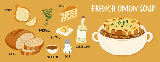 Vector infographic of a traditional French Onion Soup recipe. Great for menus and cookbooks.