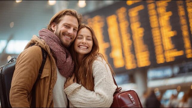 Happy couple at the airport near flight information board, smiling and enjoying the moment. Focus on people, slow smooth camera movement, travel mood, departure or arrival concept, modern terminal sce
