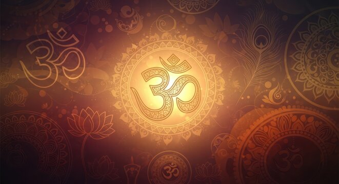 Spiritual harmony glowing background featuring om symbol mandala and lotus blooms design