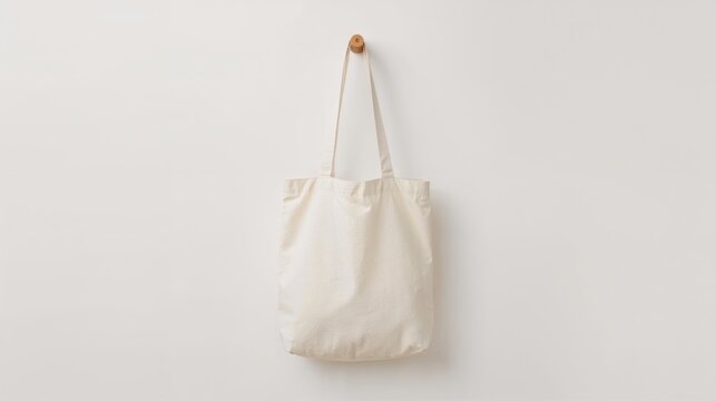 Minimalist fashion mockup of a blank white cotton tote bag hanging on a wooden peg against a clean white wall