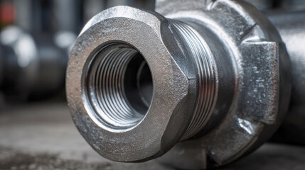 Detailed view of industrial metal coupling with threaded interior and exterior for secure mechanical connections in a manufacturing or engineering setting