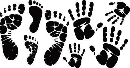 Fototapeta premium black handprints and footprints silhouette set, isolated ink stamp shapes featuring baby hands and adult feet, grunge texture pattern for creative design elements and background use.