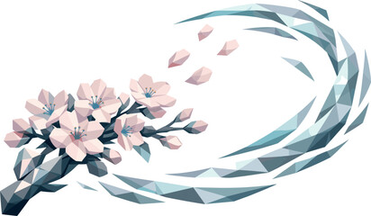Obraz premium Low-poly vector illustration of a cherry blossom swirl in the setup phase, faceted branch segment with clustered blossoms