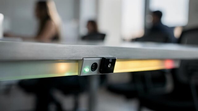 Closeup on a sensorequipped table edge with glowing availability lights blurred surroundings hinting at a smart seating management system in use.