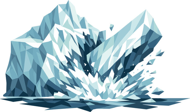 Low-poly vector illustration of an iceberg calving break as a direct hero depiction, massive iceberg formed from sharp triangular