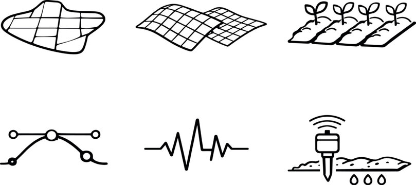 Digital Farmland Mirror. Line vector icons of a farmland controlled through its precise digital replica (farm-digital mirroring):