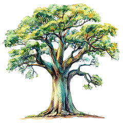 Baobab Tree A Beautifully Detailed, watercolor illustration featuring playful movement and lively expressions, isolated on a white background.
