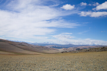 Landscape with dirt road in Altai Tavan Bogd National Park, Mongolia