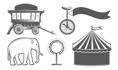 Circus icon set includes striped tent, elephant, circus wagon, fire hoop and unicycle. Great for carnival or vintage festival design. Vector illustration © MegaShabanov