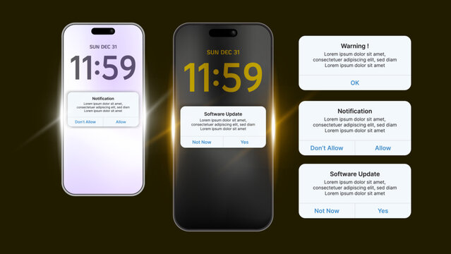 Modern Smartphone Notification Popup UI Set &ndash; Realistic Mobile Screen Mockup with Alert, Warning and Software Update Dialog Boxes, Dark and Light Mode Vector Illustration