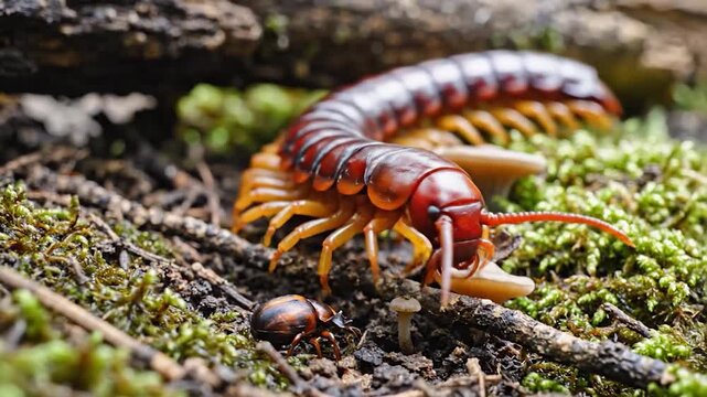 A large red centipede crawling on a mossy forest floor.