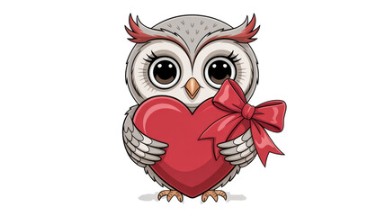 Fototapeta premium Cute cartoon owl holding a red heart with a bow, symbolizing love and affection isolated on transparent background