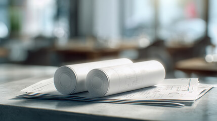 Rolled architectural blueprints and design plans resting on a table in a bright modern office environment with soft natural lighting and blurred background elements