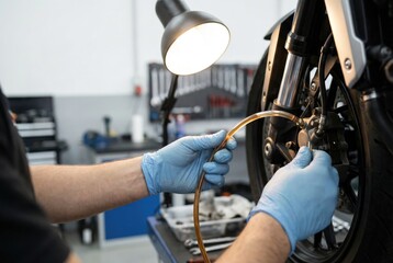 A mechanic in blue gloves performs maintenance, bleeding the brakes of a motorcycle in a workshop.