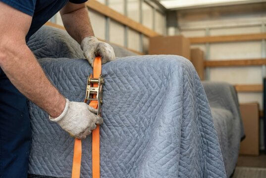 A mover in gloves tightens an orange ratchet strap to secure a blanket-wrapped sofa in a moving truck.