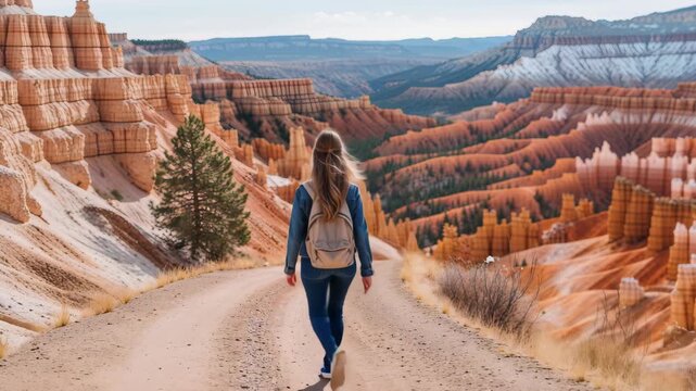 Girl Traveler Walking the Scenic Switchback Path in Bryce Canyon National Park, Utah