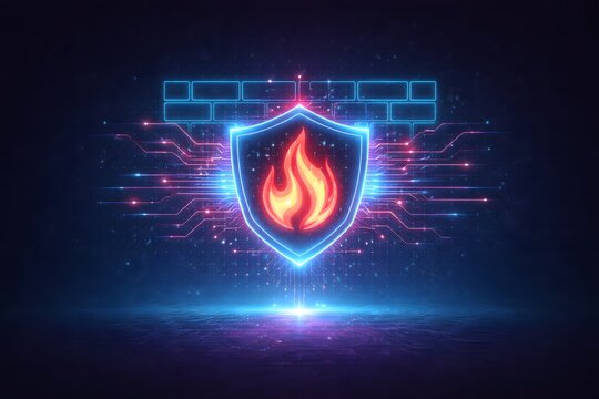 Cybersecurity firewall shield with glowing flame icon, neon blue and magenta circuitry, and digital background for network protection and security branding.