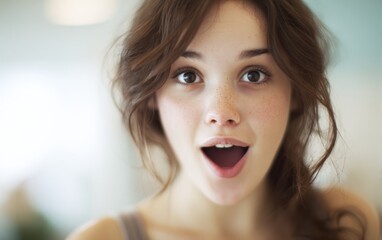 Beautiful young woman with freckles shows a surprised expression and wide open mouth