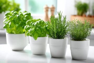 Fototapeta premium Five Herbs Grow in White Pots Against a Clean Background for Easy Access in the Kitchen for Healthy Cooking