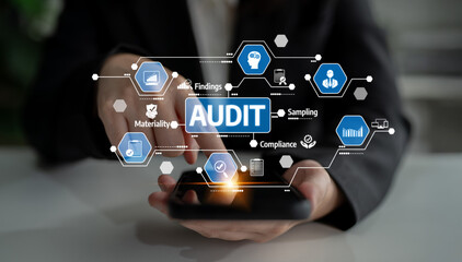 This digital illustration captures the essence of the audit process, highlighting vital elements like compliance and findings through an engaging smartphone interaction. Tessel