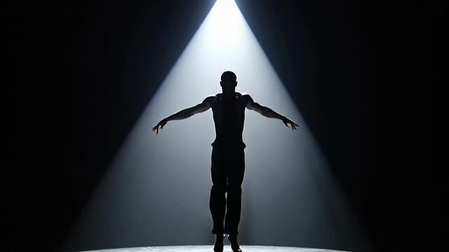 A male dancer leaping upwards under a bright spotlight in dark setting