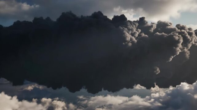 Dramatic scene of destruction with fragments and clouds in the sky.