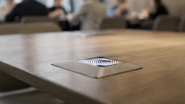Focused view of a restaurant table sensor panel with dynamic light signals marking availability background customers and furniture rendered softly out of focus.