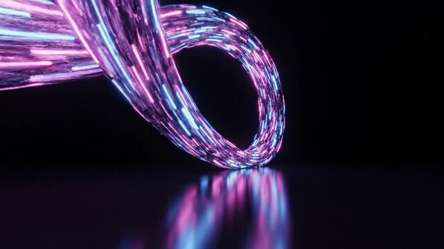 High-speed digital data stream of glowing pink and blue neon lights twisting dynamically, representing fiber optic technology and network connectivity.
