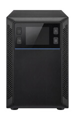 Obraz premium Dual-conversion online UPS with front-facing control buttons and a sleek black finish.