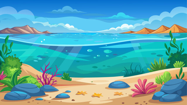 Cartoon vector illustration of a calm underwater scene with clear blue water smooth sandy floor soft color gradients and clean minimal ocean background