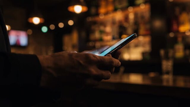 Close medium shot of a guests hand navigating a contactless digital menu on a phone at a trendy bar while the lively bar scene is softly out of focus.