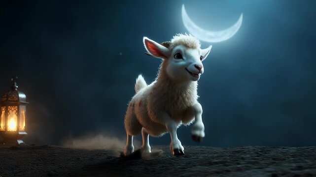 Enchanting Eid alAdha celebration a lamb prancing beneath the crescent moon