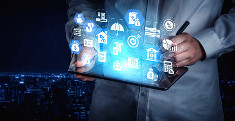 Personal finance with savings, investment and budgeting icons showing money management, financial...