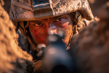 Obraz premium Intense soldier with camouflage face paint aiming rifle through trench during military exercise under sunlight and shadows in rugged terrain environment