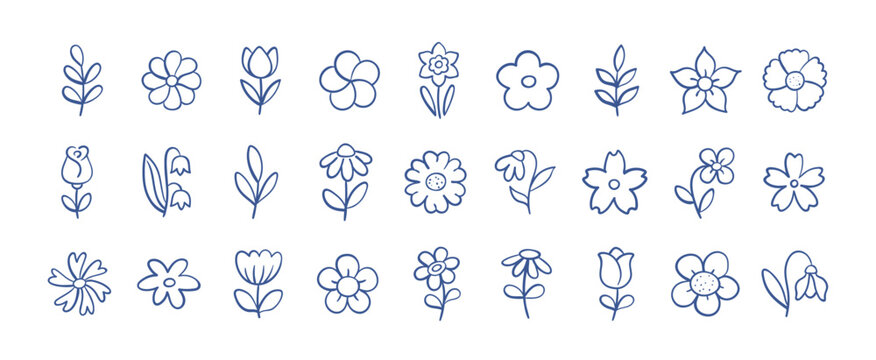 Hand-drawn ink doodles of spring and summer flowers