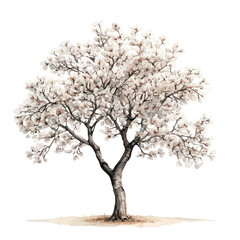 Naklejka premium Almond Tree A Beautifully Detailed, watercolor painting capturing graceful lines and soft blended shades, isolated on a white background.