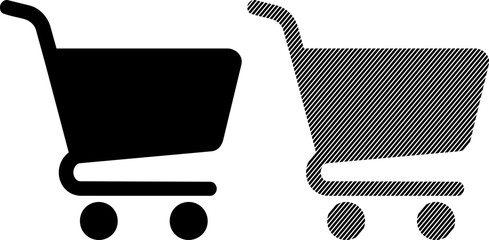 Two distinct shopping cart icons are displayed side-by-side, featuring a solid black silhouette and a contrasting diagonal line pattern design element. © Masud010