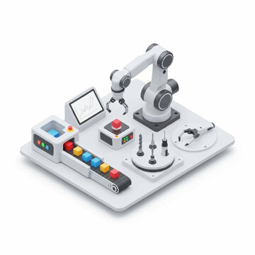 Industrial robotic arm assembly line with control panel and workstation.