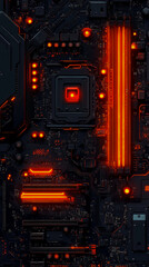 Fototapeta premium Abstract Dark High-Tech Close-Up of Gaming Motherboard with Glowing Neon Orange Lights Highlighting RAM Slots and CPU Socket Area, Representing High Performance Computing