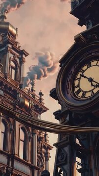 Airship drifting above ornate Victorian clocktower, brass gears and clockwork facade gleam against smoky dusk, zeppelin silhouette sails past chimneys and steam plumes, carved stone and mechanical