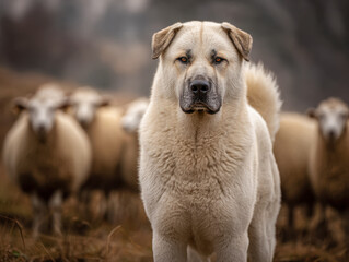 Obraz premium Large fluffy guard dog attentively standing in the field protecting a flock of sheep during overcast autumn day outdoors in rural farmland